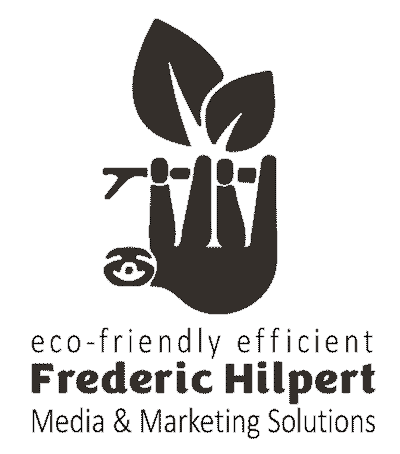 The picture shows the logo of Frederic Hilpert - Media & Marketing Solutions. A symbolic monochrome dark brown representation of a sloth hanging from a branch and two large leaves above. Below it is written: eco-friendly efficient (newline) Frederic Hilpert (newline) Media & Marketing Solutions